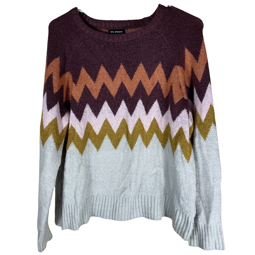 Blu Pepper Womens Chevron Zigzag Knit Sweater Burgundy Orange Grey CR1870 Size M
